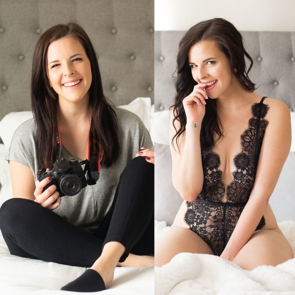 Two pictures of a brunette woman, the first picture she is dressed casually with a camera, and in the second picture she is in black lingerie posing for boudoir photography in Utah